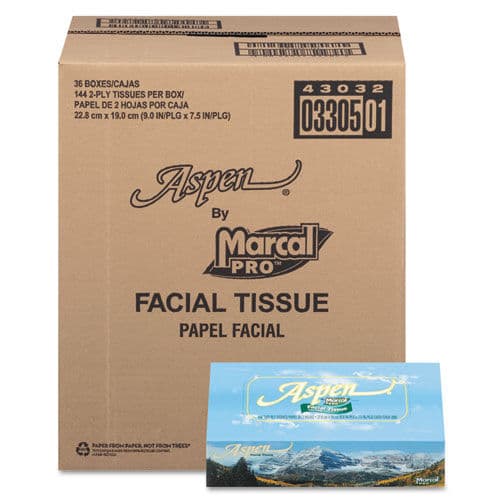 Aspen 100% Recycled Facial Tissue, 2-Ply, White, 144 Sheet/Box, 36 Box/CT