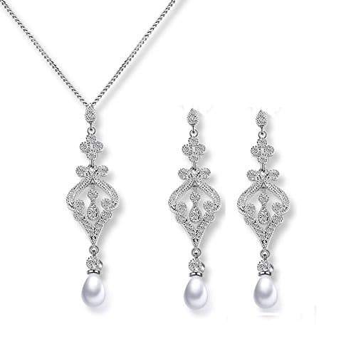 Silver Pearl Jewelry Set for Bride Long Drop Dangle Earings and Necklace Pendant with White CZ Elements Crystal Luxury Jewellery for Engagement Wedding Party