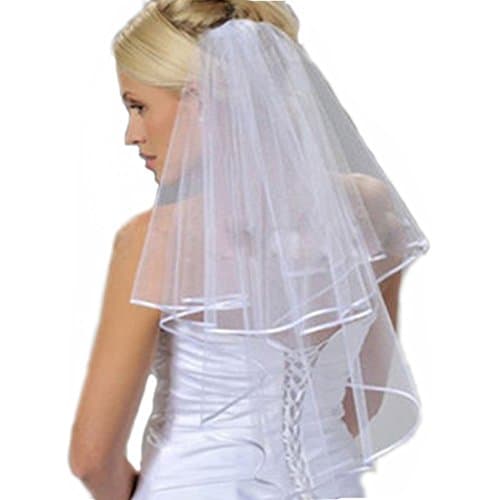 HUICHENGYAO Women's Cheap White Ivory Tulle Bridal Veils Two Layer Ribbon Edge Wedding Veil with Comb,Ivory,One Size