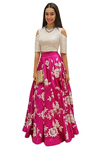 Dwarkesh Fashion Women's Taffeta Silk Embroidered Unstitched Lehenga Choli- (Pink and White, Free Size)