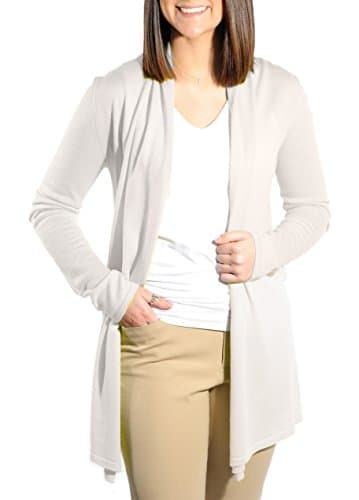 Gigi Reaume 100% Cashmere Women's Sweater, Open Front Long Cardigan, Swing Style, Ultra Lightweight (Small, Ivory)