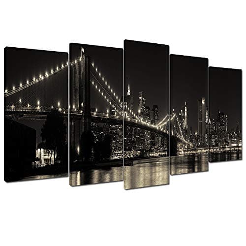 Wallfeeling Arts Bridge Night View Canvas Print Picture for Living Room Decoration Stretched XLarge 5 Panels Painting Wall Art Print on Black Canvas- High Definition Modern Home Decor