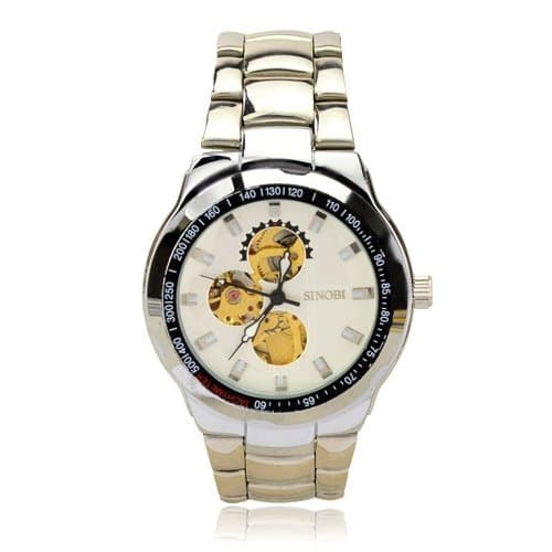 SINOBI Simple Metal Band Self-Winding Automatic Mechanical Wristwatch with Water Resistance and Stainless Steel Back-White