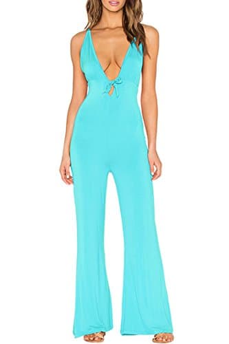 Rokiney Women Straps Deep V Neck Open Back Bell Bottom Pants Romper XL Turquoise