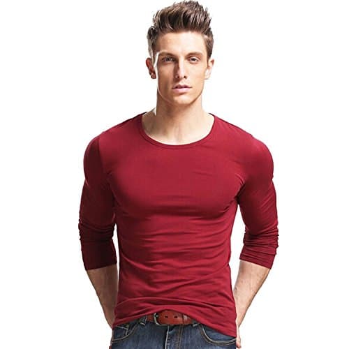 Xudian Long Sleeves Men T-shirt Crew-neck, Size Medium, Maroon