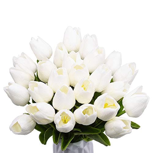 YONGSNOW 10pcs Artificial Flowers Real Touch Tulips Bouquet Fake Tulip for Wedding Home Party Decoration Bride Bouquets (White)