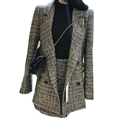 Women's Woolen Tweed Jacket Coat With Skirt Business Blazer Two Set Suit (M)