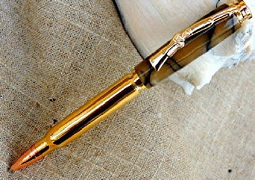 30 Caliber Bullet Cartridge 24kt Gold Twist Pen Kit with Rose Gold Tip in brown and black acrylic swirl.