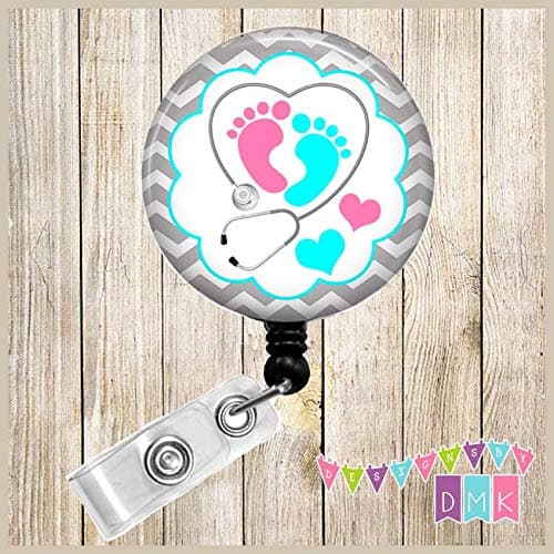 Baby Feet Stethoscope - Grey Chevron - Button Badge Reel - BR0147