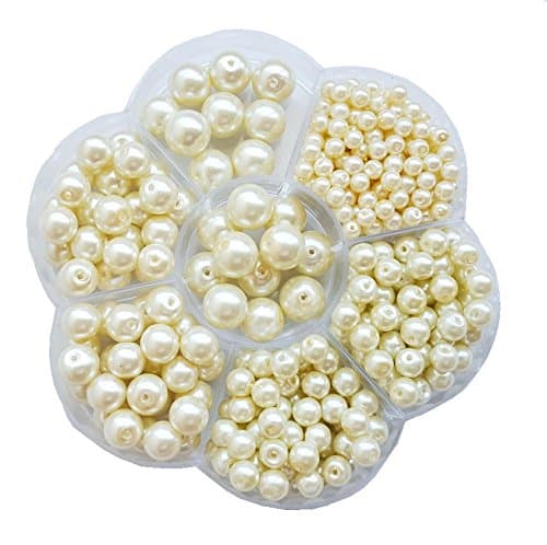 400+pcs Luster Glass Pearl Round Beads Assorted Sizes Lot / Jewelry Making Beads (Cream)