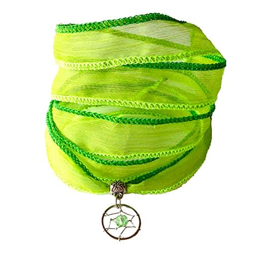 LUCKYOON Boho Silk Ribbon Belt Wrap Bracelet Crystal Dangling Charm Women Girls Gift (Light-Green)
