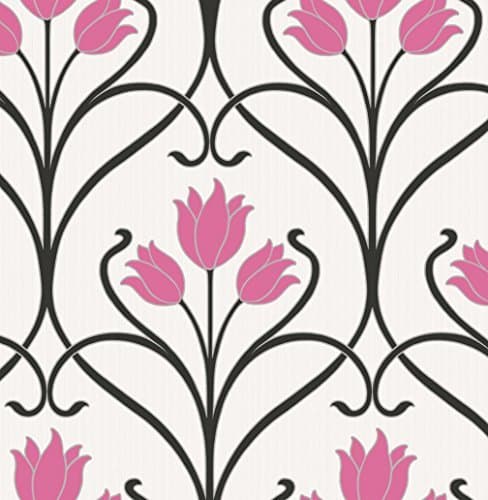 PINK BLACK ORNATE DAMASK RETRO STYLE 10MTR ROLL by Fine Decor Wallcoverings