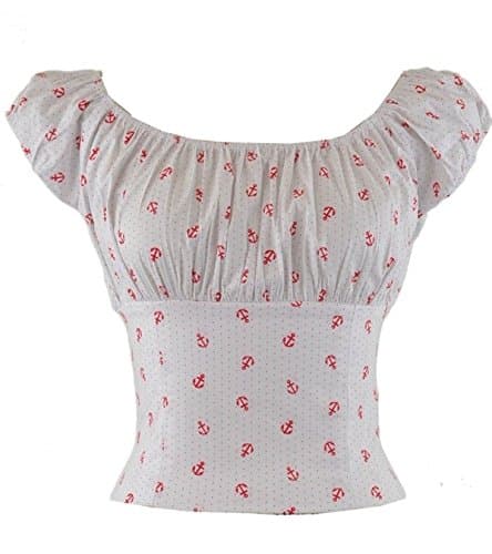 Red Anchor Small Polka Dot Peasant Top retro vintage style Off shoulder Nautical (L)