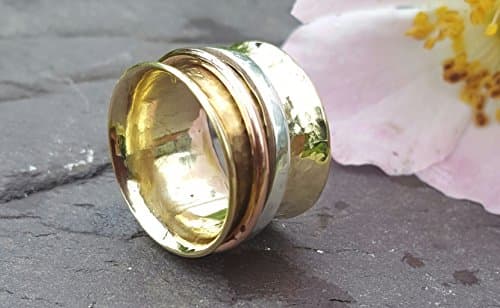 Unisex 9ct Yellow Gold 15 mm Wide Meditation / Fiddle Spinner Ring with Silver and Copper Spinners. Hammer Finished