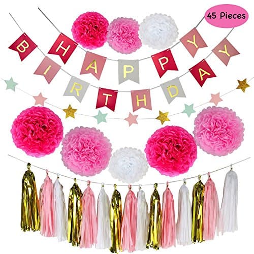 Party Decorations, Parlie 45pcs Party Decors and Supplies, Set includes Happy Birthday Banner, Paper Tassels, Pompoms and Garland Stars for Girls