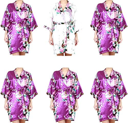 Set of 6 Bridesmaid Robes 1 White and 5 Purple (regular- length 34")
