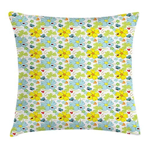 Yellow and Blue Throw Pillow Cushion Cover, Daisies and Shamrock Flowers with Hand Drawn Style Hearts and Ladybugs, Decorative Square Accent Pillow Case, 18 X 18 inches, Multicolor