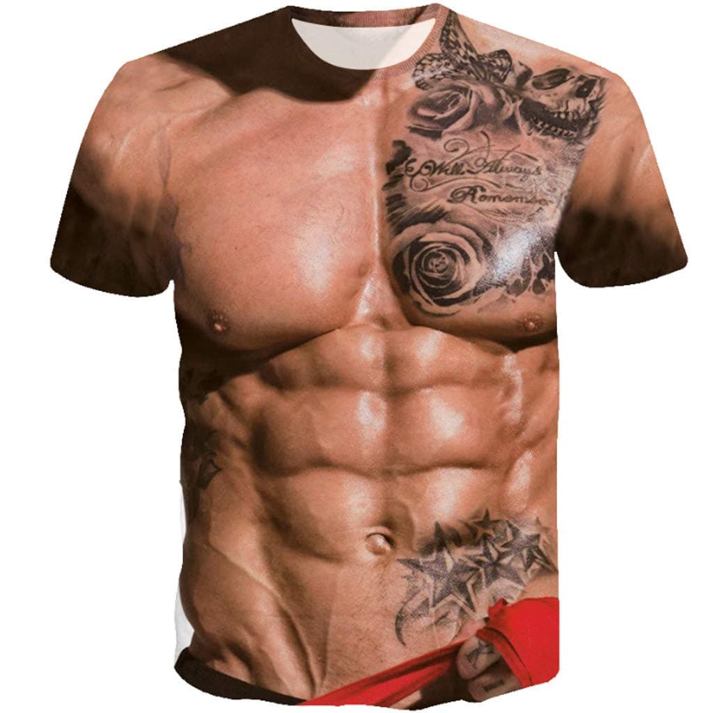 Funny Humor t-Shirt, Mens Imitating Muscle Man Pattern Graphic t-Shirt Comfort Regular Short Sleeve Tee