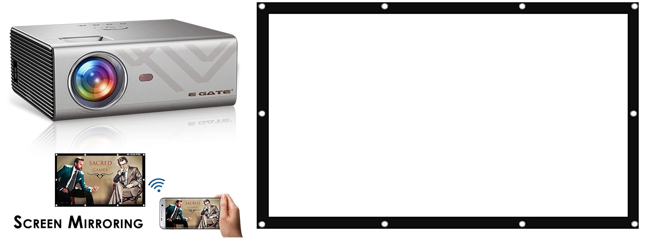 Egate K9 Miracast / Multiscreen LED 720p 2400 Lumens HD Projector_Egate EYE64 Projector Screen Eyelet, 6 x 4 feet Combo