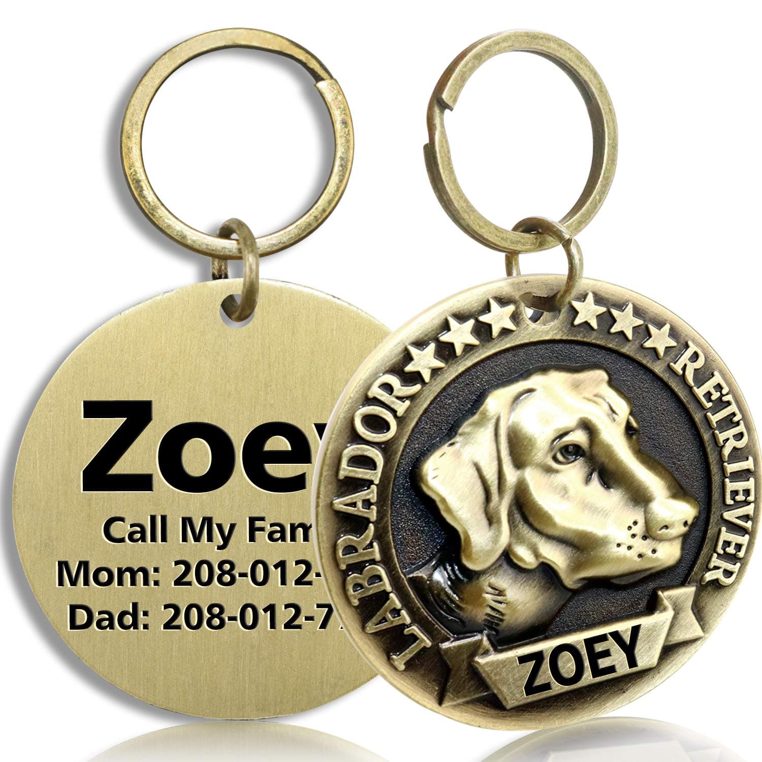 FunTags Bronze Breeds Customized Dog Head 3D Effect Dog ID Tag,High-Relief Copper Dog Tag,Personalized Stainless Steel Front&Back Laser Engraving Dog Name Tag,Labrador Retriever Tag