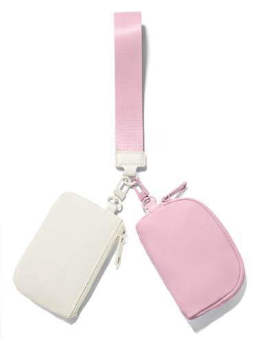 Mini Zip Around Keychain Wristlet Wallets Small Portable Dual Pounch Wristlet Detachable Coin Purse Pocket, Cream White+Pink, Causal
