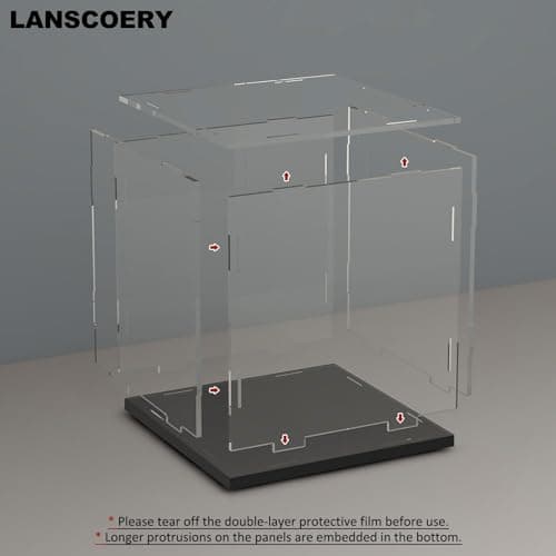 LANSCOERY Acrylic Display Case, Assemble Showcase Display Box for Collectibles, with Dustproof & Seamless Display Design, 19.7x19.7x19.7inch Thick Black Base