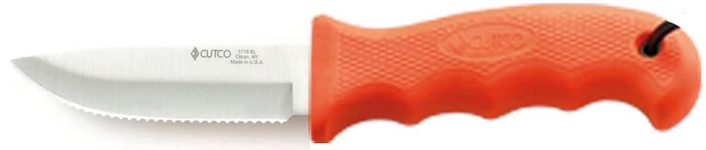 Model 5719 Orange Clip Point Knife .High Carbon, Stainless 4 3/8" Double-D® Serrated Edge Blade.5 7/8" Durable Kraton® handle.Leather sheath and lanyard included.