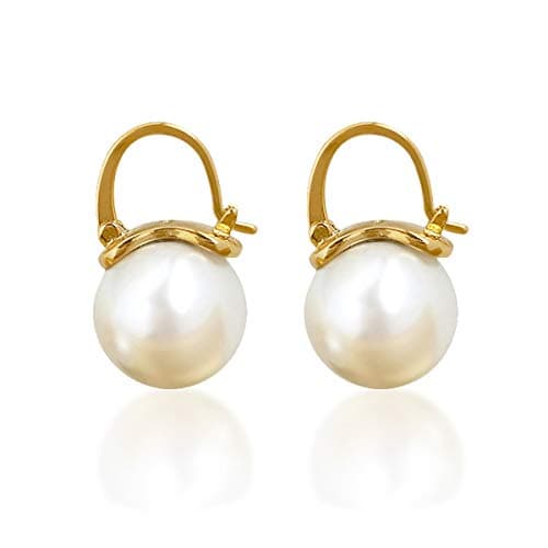 OwMell Elegant 925 Sterling Silver Pearl Drop Earrings Dangle Stud Gold Plated Earrings for Women Large Size 12mm