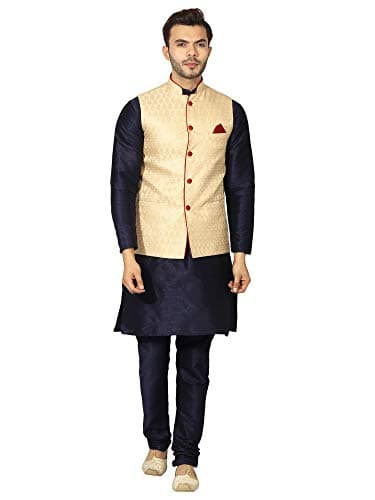 Uri and MacKenzie Men's Silk Blend Regular Kurta Churidar Pyjama with Bundi Nehru Jacket/Waistcoat