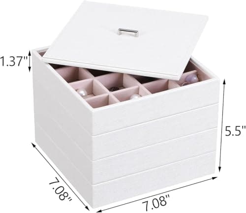 BEWISHOME Jewelry Organizer Trays Stackable Earring Storage Trays with Lid for Dresser and Drawer 32 Slots for Rings, Earrings, Necklaces, Bracelets and Watches Set of 4 White SSH81W