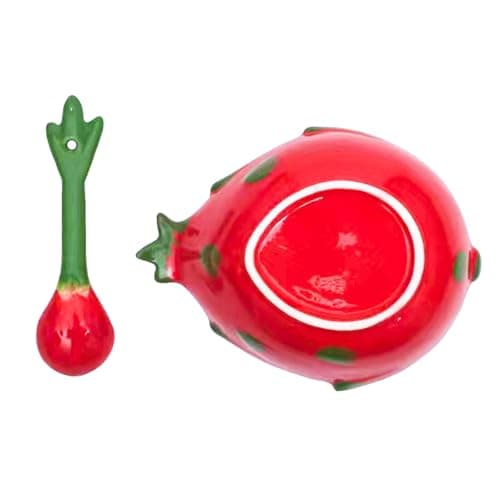 Dalekana Ceramic Pitaya Shape Dessert Bowl 13.5oz., Creative Handmade Small Bowl with Spoon for Appetizer, Snacks, Salads, Yogurt, Side Dishes, 6.7" L x 5.1" W x 2.1" H