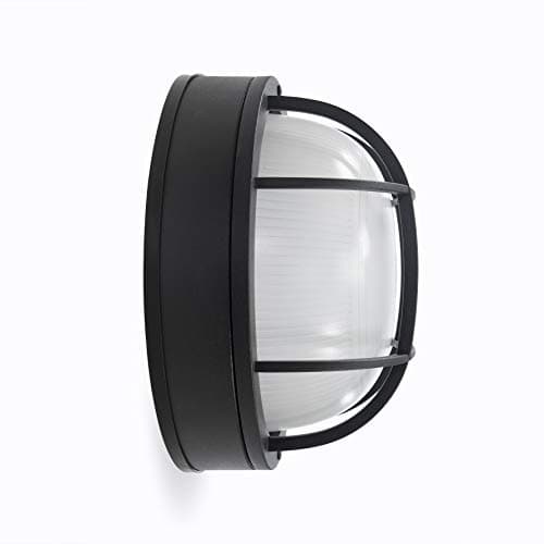 CORAMDEO Outdoor 10” Round LED Nautical Bulkhead Light, Flush Mount for Wall or Ceiling, Wet Location, 125W of Light, 1250 Lumens, 3K, Black Cast Aluminum with Frosted Glass Lens