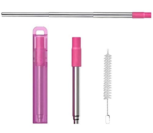 - ANABGI Reusable Portable Metal Straws for Drinking, Telescopic Foldable Stainless-Steel Drinking Straw with Case and Cleaning Brush Carabiner for Coffee Juice Smoothie Milkshake, Easy to Clean (Pink)