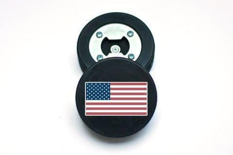 USA Bottle Opener, Made from a Real Hockey Puck, American Flag, Magnetic Cap Catcher, Coaster