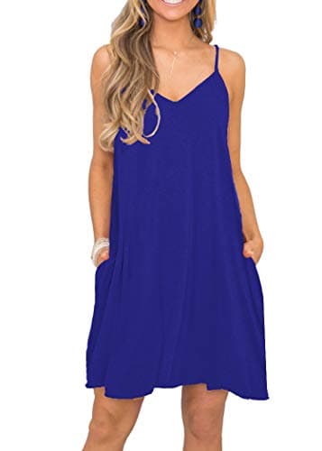 Women's Summer Spaghetti Strap Casual Swing Tank Beach Cover Up Dress with Pockets