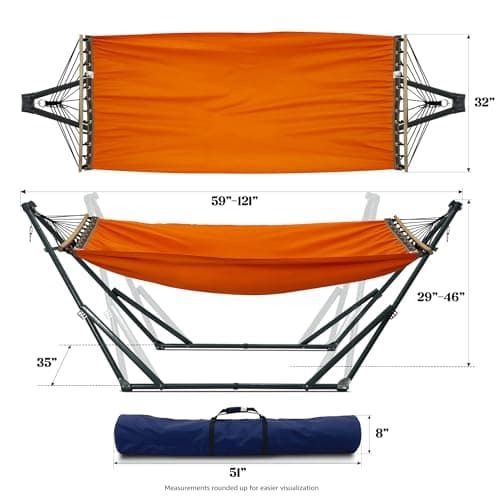 Tranquillo Sturdy Steel Hammock with Stand Premium Cotton Canvas Hammock, 600 lbs Capacity Hammock Stand Folding, Portable 30-Second Fold Unfold Hammock for Camping, Orange