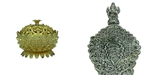 Shaishom Combo Of Golden Metal Tibetan Jewelry Box With Silver Metal Incense Stick Agarbaatti Stand Ganesh Leaf Shape Small For Showpiece