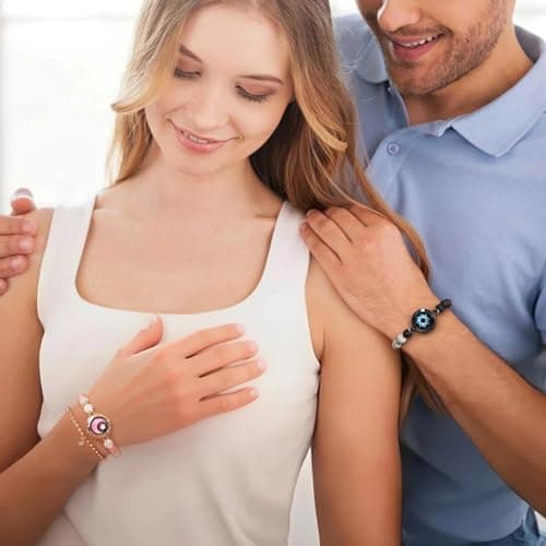 Long Distance Touch Bracelets for Couples, Smart Light up & Vibration for Love Couples Healing Stone Bracelet | Long Distance Relationship Gifts for Girlfriend Bluetooth Pairing Jewelry