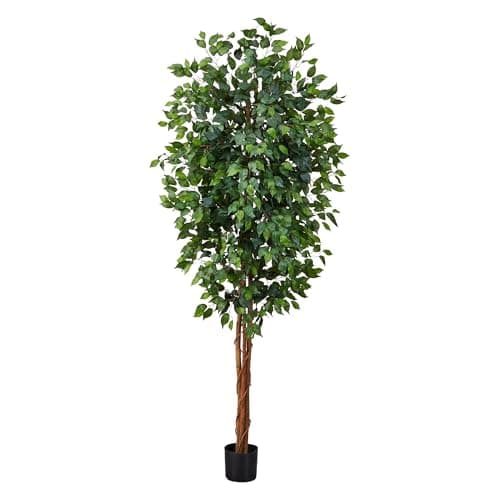 Nearly Natural 7ft Triple Trunk Artificial Ficus Tree with Natural Wood Trunks, Fake Tree For Indoor Home Decor, Faux Ficus Tree with Black Nursery Pot