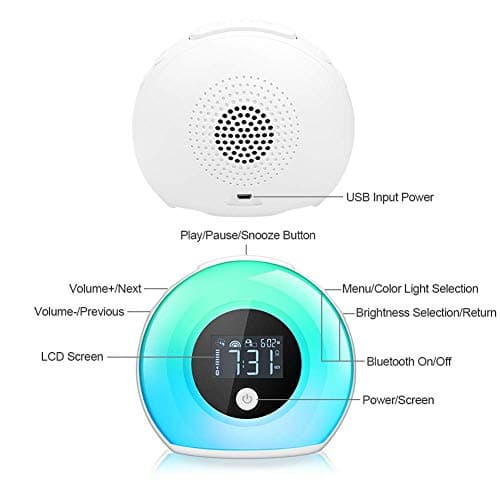 Wake Up Light Bluetooth Speaker & Table Lamp Alarm Clock - Dim Warm & Colorful Light Music Player for Kids, Party, Bedroom, Camping