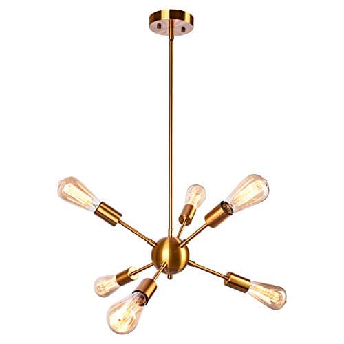 OYIPROSputnik Chandelier Pendant Lamp Fixture 6-Light Adjustable Height 4x25cm Rod Brass for Flat Sloped Ceiling Bedroom Living Dining Room Kitchen Lighting