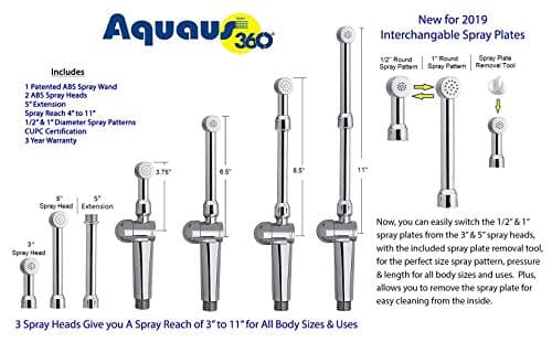 RinseWorks - Aquaus 360 Patented Hand Held Bidet Sprayer - NSF cUPC Certified for Legal Installation - 2 Backflows – Dual Pressure Controls - StayFlex Hose - 3 to 11 Inch Spray reach - 3 Year Warranty