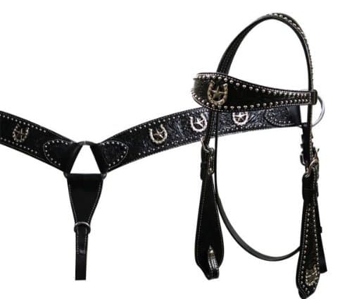 Leather floral tooled wide browband headstall and breastcollar set accented with rhinestone horse shoe and star conchos Black Color