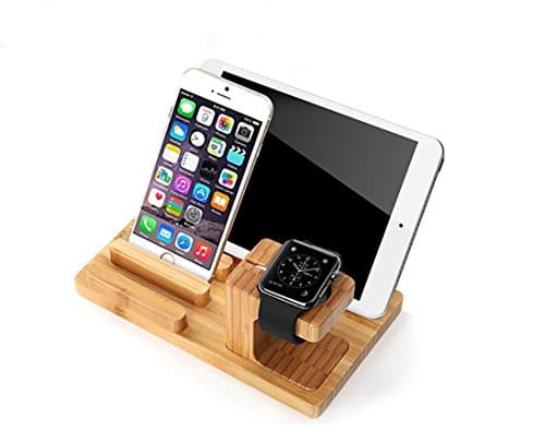 Wooden Charge Docking Station Cradle Bracket for iPod iPhone iPad Smooth Natural Bamboo Charging Dock Holder for Iphone Watch 38mm/42mm and Smartphones and Tablets (Bamboo)