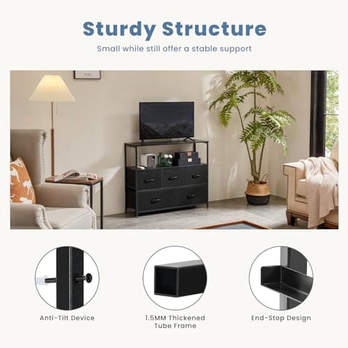 DUMOS TV Stand Dresser with 5 Fabric Storage Drawers, Media Console Featuring Open Shelf for 45 inch TV, Compact Entertainment Unit for Bedroom, Living Space, or Dorm Organization, Black