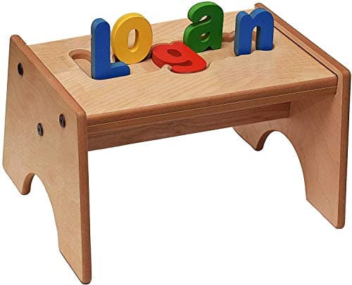 babykidsbargains Personalized Wooden Puzzle Stools- Stool Color: Natural, Letter Color: Primary, 1-8 Letters