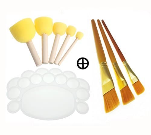 Kids Foam Sponge Wood Handle Paint Brush & Pointed Tip Nylon Hair artist acrylic brush & white Plastic palette tray complete Paint Tools for Watercolor Oil Painting,Acrylics,Stains,Varnishes,Crafts