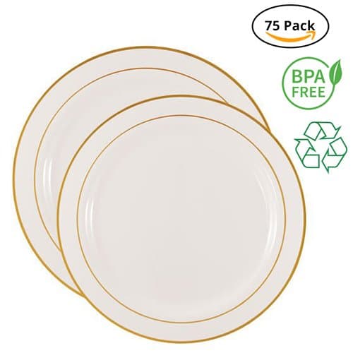 Party Joy 75-Piece Plastic Dinnerware Set | Gold Lines Collection | (25) Dinner Plates, (25) Salad Plates & (25) Bowls| Heavy Duty Premium Plastic Plates for Wedding, Parties, Camping & More