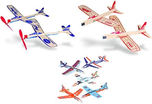 Balsa Wood and Foam Toy Airplane Set - 4 Balsa Wood and 6 Foam Model Plane Kits in 1 Set - Guillows Jetfire Plane Twin Set, Sky Streak Propeller Plane Twin Set, and 6 Foam Fighter Gliders