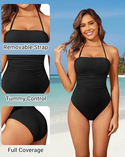 Holipick Women Tummy Control One Piece Swimsuits Strapless Bandeau Bathing Suits Slimming Halter Swimwear